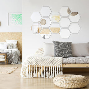 12 Pieces Mirror Wall , Self Adhesive Hexagon Shape Wall Flexible Acrylic Wall Mirror for Home Wall Decoration / Golden / Silver