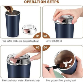 Coffee Grinder Electric, Spice Grinder, Coffee Bean Herb Grinder with Integrated Brush Spoon, One-touch Push-Button Stainless Steel Grinding for Herb Peanut Grains Beans