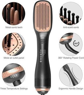 Negative Ion Hot Air Brush Anti-Scald Straightener Curler Comb Styler 3-Gears Electric Hair Dryer Brush Wet & Dry Use