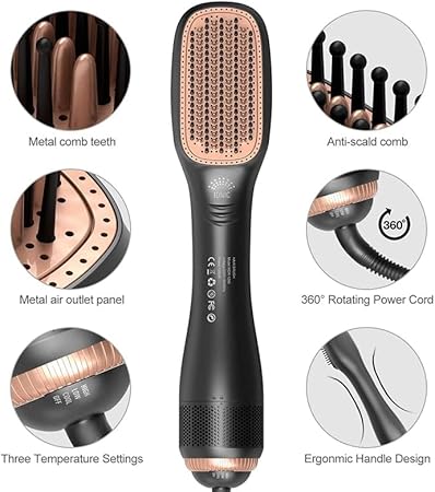 Negative Ion Hot Air Brush Anti-Scald Straightener Curler Comb Styler 3-Gears Electric Hair Dryer Brush Wet & Dry Use