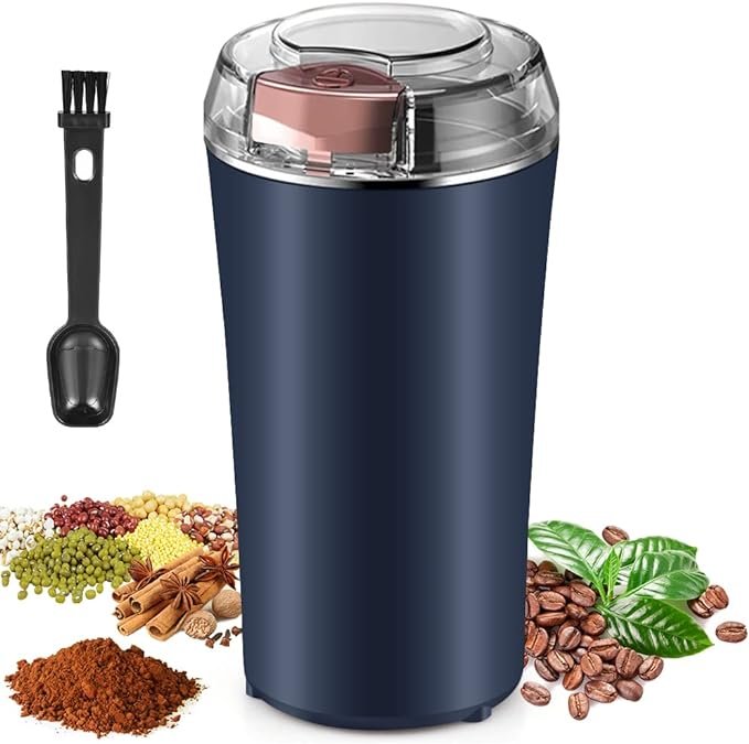 Coffee Grinder Electric, Spice Grinder, Coffee Bean Herb Grinder with Integrated Brush Spoon, One-touch Push-Button Stainless Steel Grinding for Herb Peanut Grains Beans