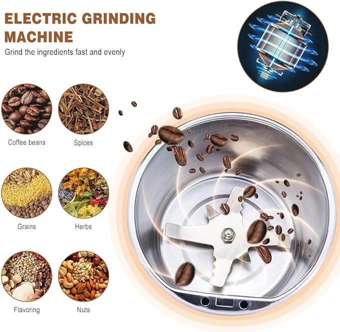 Coffee Grinder Electric, Spice Grinder, Coffee Bean Herb Grinder with Integrated Brush Spoon, One-touch Push-Button Stainless Steel Grinding for Herb Peanut Grains Beans